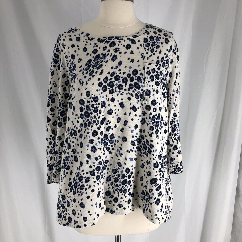 Chico's Leopard Print Slub V-Neck 3/4 Sleeve Top White Blue Size XL